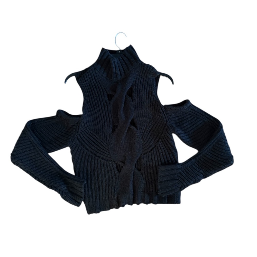 For Love And Lemons Black Cold-Shoulder Cable Turtleneck Sweater